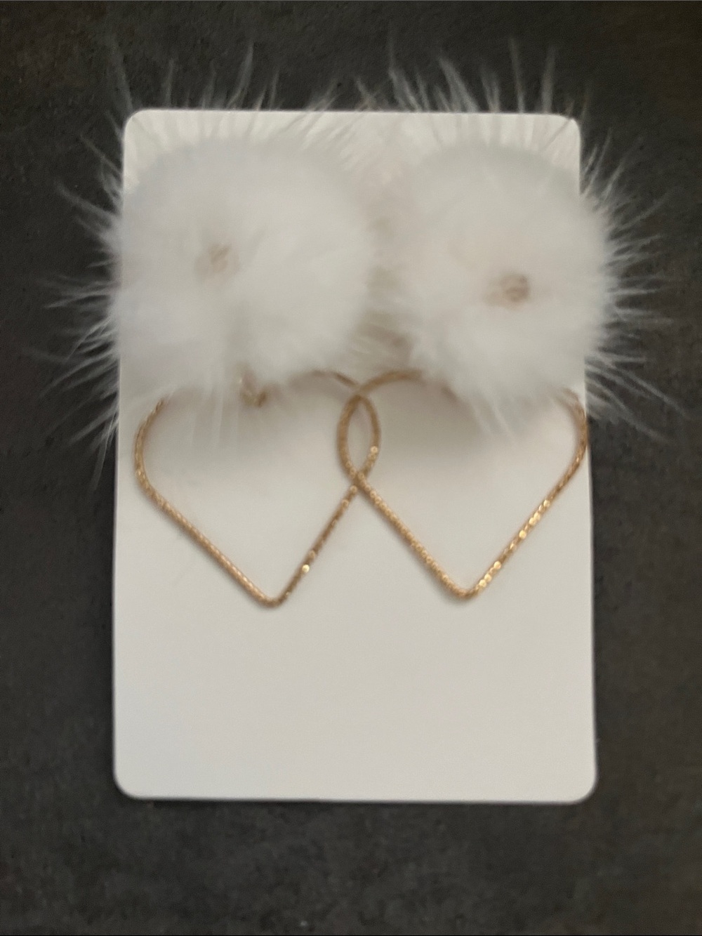 Gold Heart Earrings with White Fur Pom-Poms